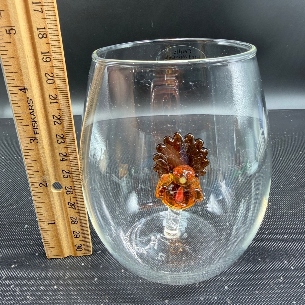 Crate and Barrel Turkey Stemless Wine Glasses Set of 2 Thanksgiving Glassware - Picture 2 of 10